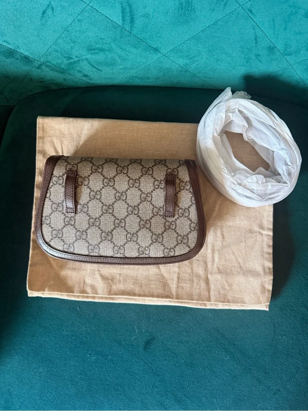Gucci Beige GG Canvas and Brown Trim Crossbody with Gold Logo